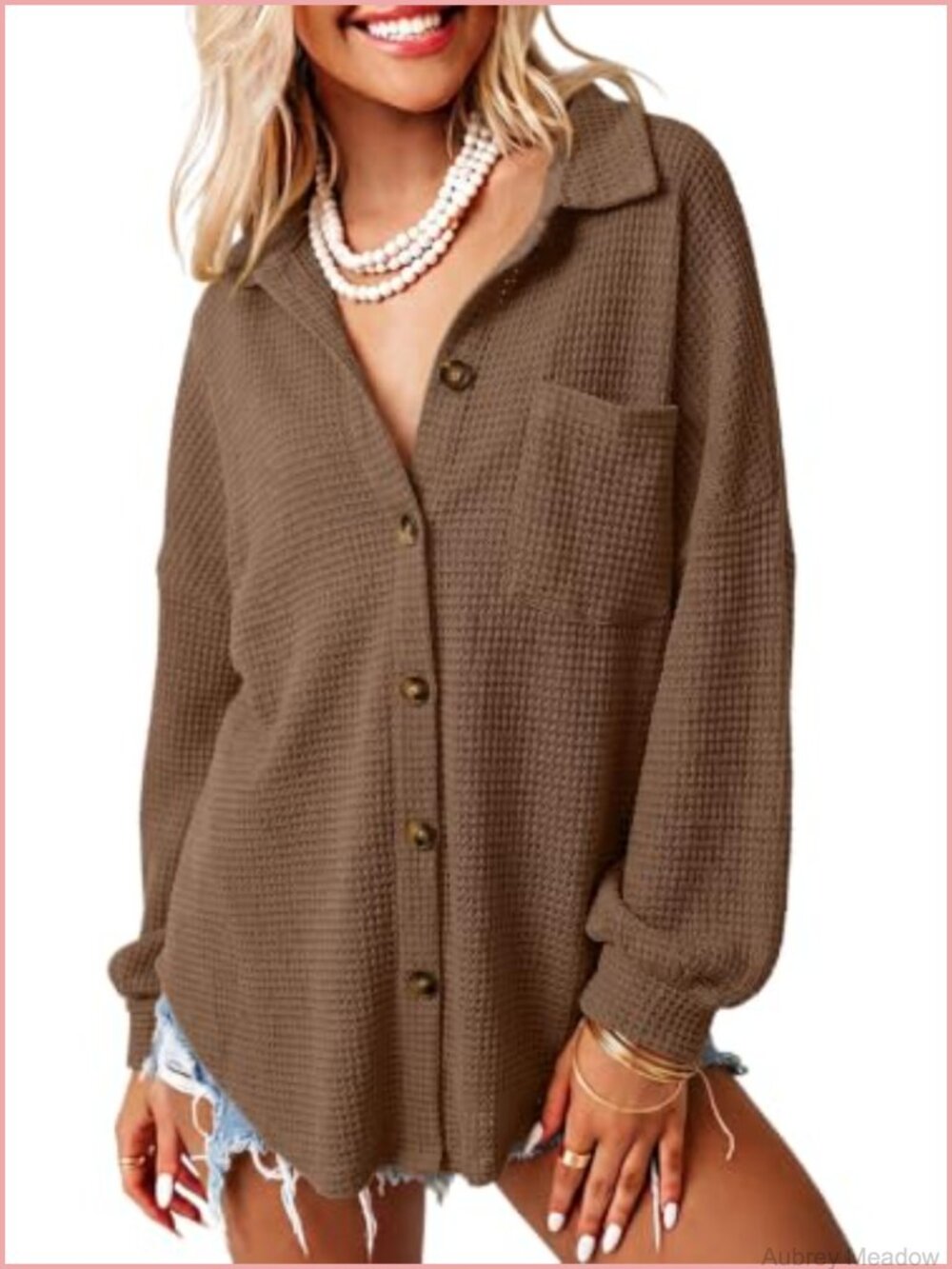 Waffle Knit Button Down Shacket Jacket Long Sleeve